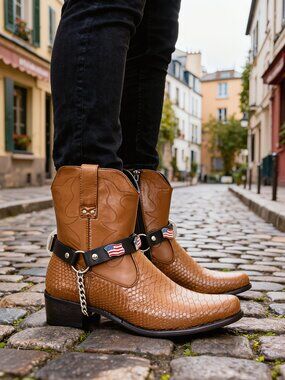 NEW Men Women 2 Black Boot Jewelry Straps Pair Chain USA American Flag Charm